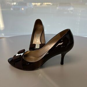 Salvatore Ferragamo Dark Brown Patent Peep-Toe Bow Pumps